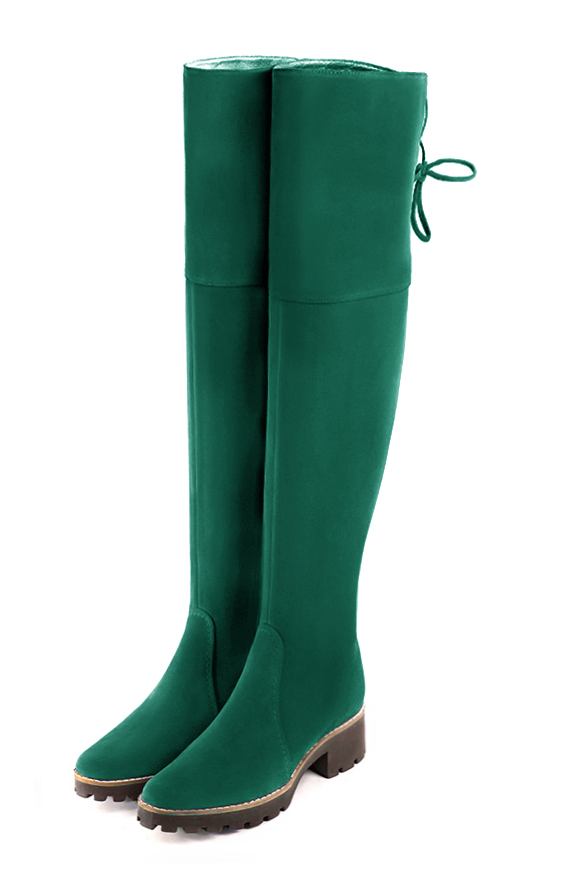Emerald green women's leather thigh-high boots. Round toe. Low rubber soles. Made to measure. Front view - Florence KOOIJMAN